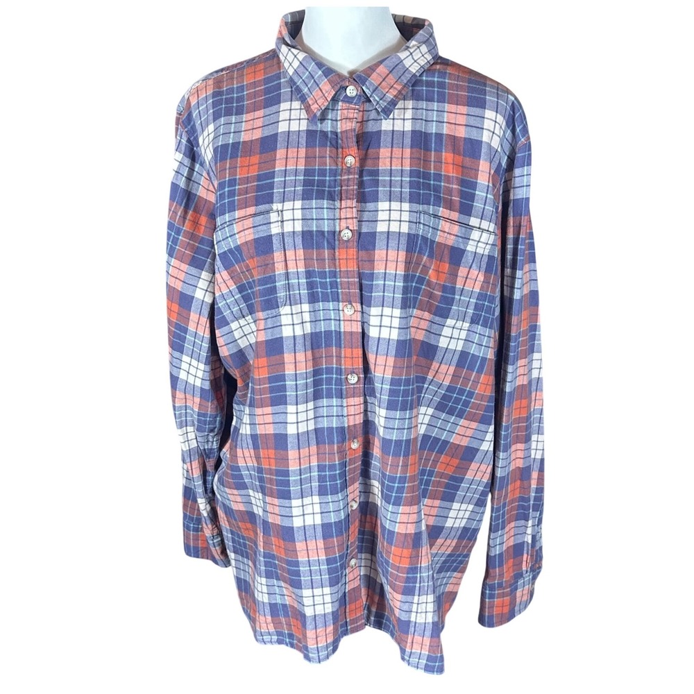 L.L.Bean Button Down Shirt Women 2X Blue Orange Plaid Cotton Long Sleeve